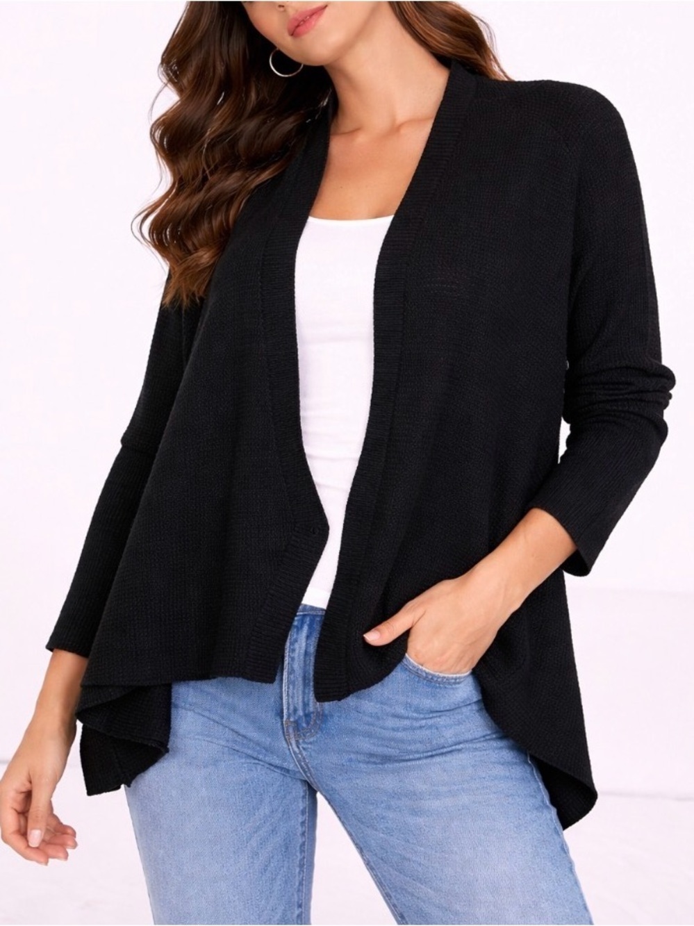 Melrose & Market cardigan open front waterfall waffle knit black SZ SM business